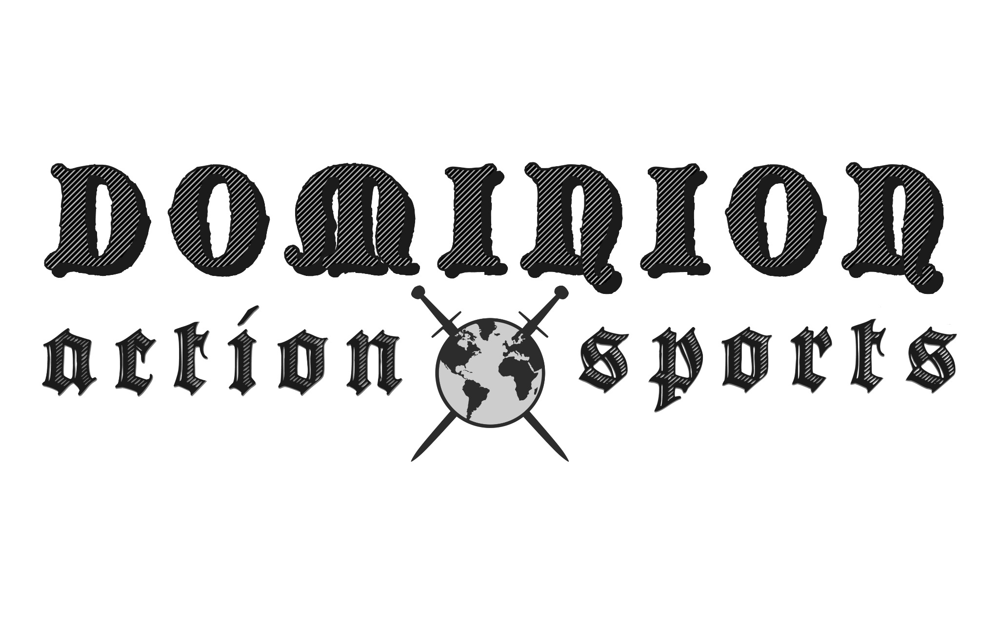 Black-and-white Dominion Action Sports logo with a globe and crossed ski poles
