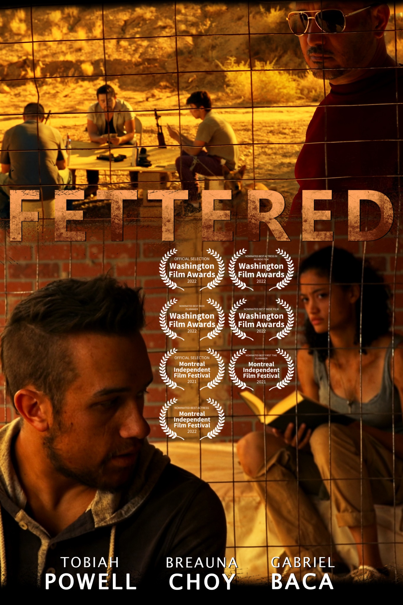 Promotional poster for Fettered with a warm orange collage of the film’s characters