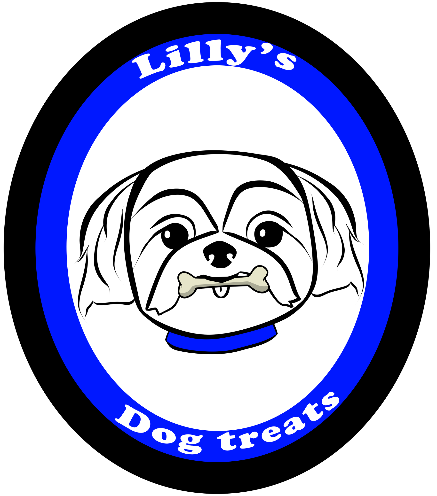Blue-and-white Lilly’s Dog Treats logo featuring a dog holding a bone